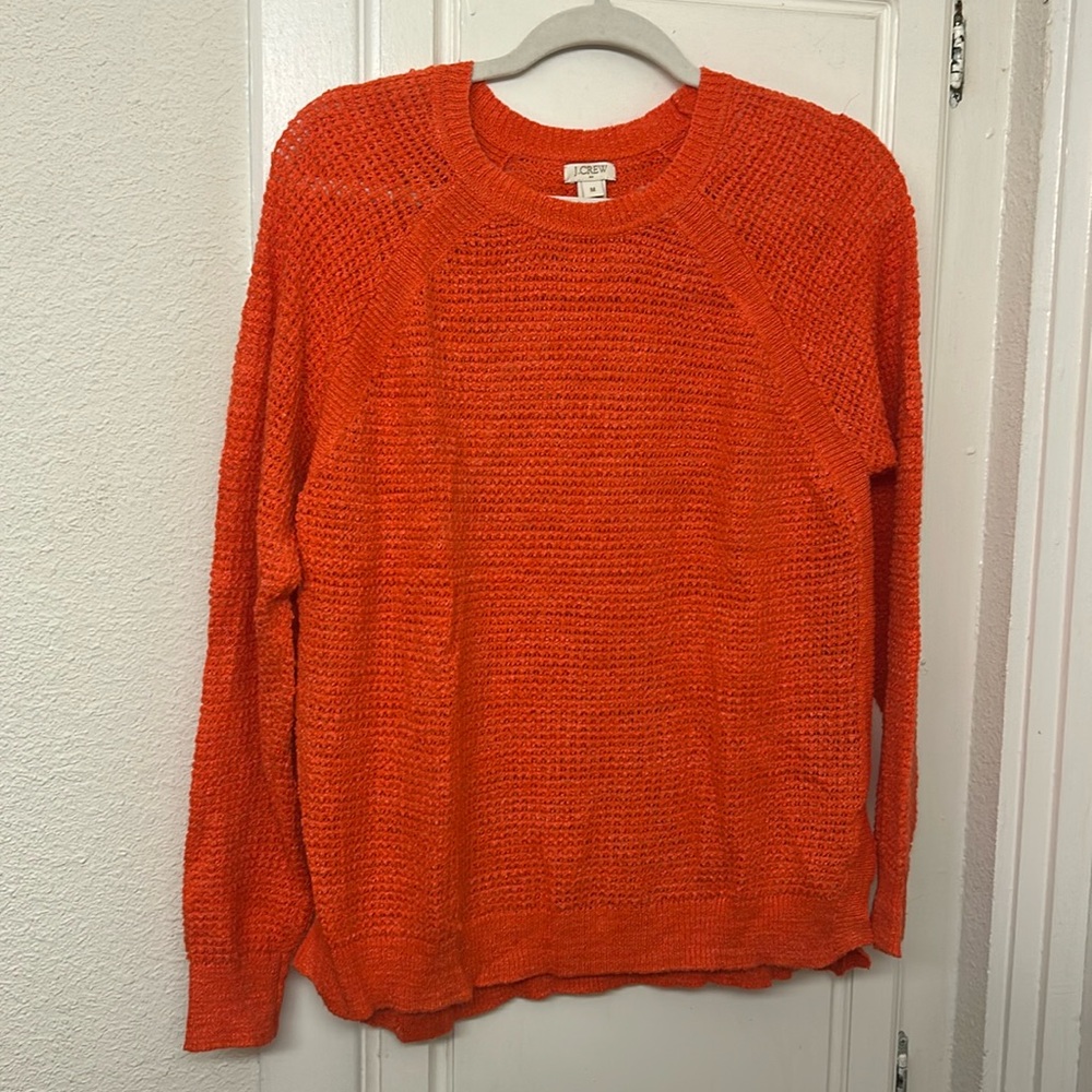 J Crew Orange Linen Blend Size M Sweater Long Sleeve Woven Light Slits Textured